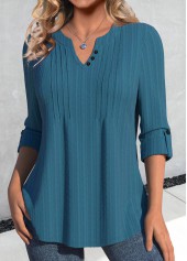 Tuck Stitch Peacock Blue Long Sleeve Split Neck Blouse