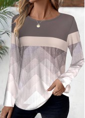 Geometric Print Patchwork Light Coffee Long Sleeve T Shirt