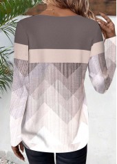 Geometric Print Patchwork Light Coffee Long Sleeve T Shirt
