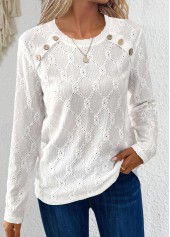 Button White Long Sleeve Round Neck T Shirt