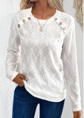 Button White Long Sleeve Round Neck T Shirt