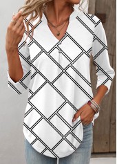 Geometric Print Button White Long Sleeve T Shirt