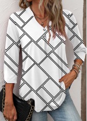 Geometric Print Button White Long Sleeve T Shirt