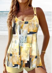Geometric Print Patchwork Light Yellow Tankini Set