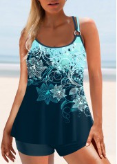 Floral Print Peacock Blue Tankini Set