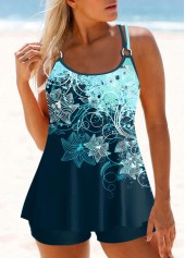 Floral Print Peacock Blue Tankini Set