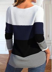 Striped Patchwork Black Long Sleeve Round Neck T Shirt