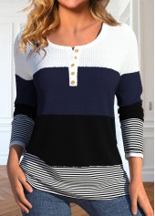 Striped Patchwork Black Long Sleeve Round Neck T Shirt