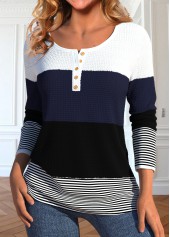 Striped Patchwork Black Long Sleeve Round Neck T Shirt