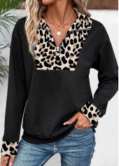 Leopard Patchwork Black Long Sleeve Turn Down Collar Sweatshirt