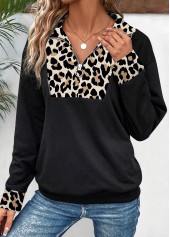 Leopard Patchwork Black Long Sleeve Turn Down Collar Sweatshirt