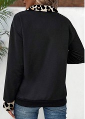 Leopard Patchwork Black Long Sleeve Turn Down Collar Sweatshirt