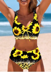 Floral Print Bowknot Yellow Bikini Set