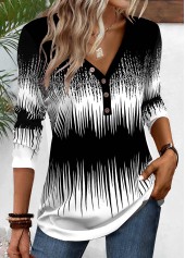 Ombre Patchwork Black Long Sleeve V Neck T Shirt