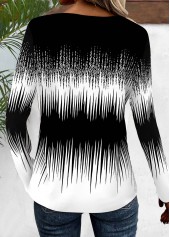 Ombre Patchwork Black Long Sleeve V Neck T Shirt