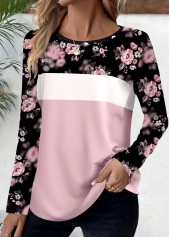 Ditsy Floral Print Patchwork Pink Long Sleeve T Shirt