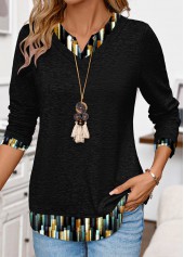 Ombre Patchwork Black Long Sleeve Split Neck T Shirt