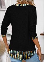 Ombre Patchwork Black Long Sleeve Split Neck T Shirt