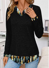 Ombre Patchwork Black Long Sleeve Split Neck T Shirt