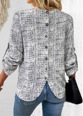 Graffiti Print Button Black Long Sleeve V Neck Blouse