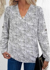 Graffiti Print Button Black Long Sleeve V Neck Blouse