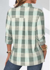 Plaid Button Sage Green Three Quarter Length Sleeve Blouse