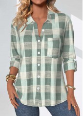 Plaid Button Sage Green Three Quarter Length Sleeve Blouse