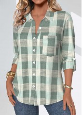 Plaid Button Sage Green Three Quarter Length Sleeve Blouse
