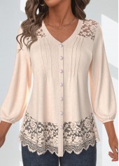 Lace Skin Color 3/4 Sleeve V Neck Blouse