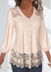 Lace Skin Color 3/4 Sleeve V Neck Blouse