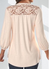 Lace Skin Color 3/4 Sleeve V Neck Blouse