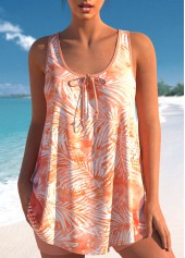 Tropical Plants Print Bowknot Dusty Pink Tankini Set