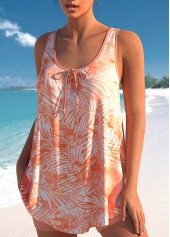 Tropical Plants Print Bowknot Dusty Pink Tankini Set