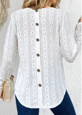 Button White Long Sleeve Round Neck T Shirt
