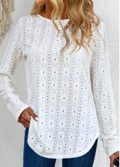 Button White Long Sleeve Round Neck T Shirt