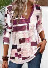 Geometric Print Button Dark Reddish Purple T Shirt