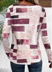 Geometric Print Button Dark Reddish Purple T Shirt