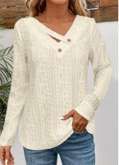 Textured Fabric Beige Long Sleeve V Neck T Shirt