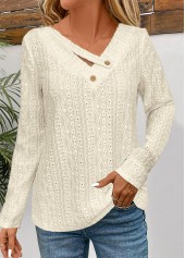 Textured Fabric Beige Long Sleeve V Neck T Shirt