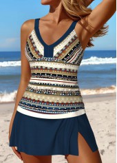 Tribal Print Patchwork Dark Blue Tankini Set