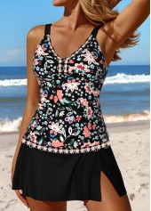 Random Floral Print Patchwork Black Tankini Set