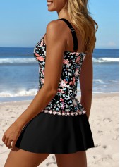 Random Floral Print Patchwork Black Tankini Set