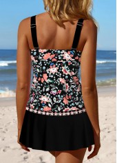 Random Floral Print Patchwork Black Tankini Set