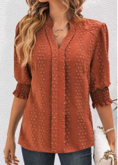 Jacquard Brick Red Half Sleeve Split Neck Blouse