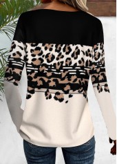 Leopard Patchwork Black Long Sleeve V Neck T Shirt