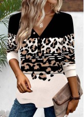 Leopard Patchwork Black Long Sleeve V Neck T Shirt
