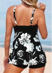 Floral Print Surplice Black Tankini Set