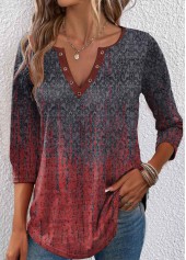 Ombre Eyelet Wine Red 3/4 Sleeve T Shirt