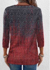 Ombre Eyelet Wine Red 3/4 Sleeve T Shirt
