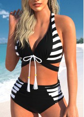 Cutout Striped Bowknot Black Bikini Set